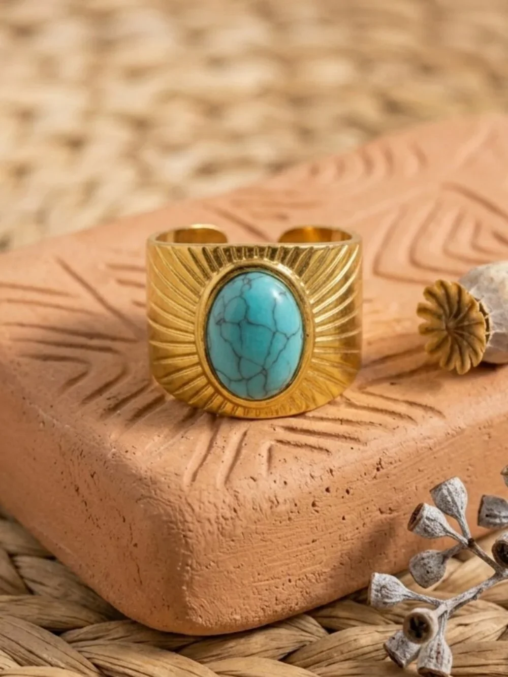 Turquoise Sunburst Wide Band Adjustable Ring 14K Gold Plated Boho Western 7-9